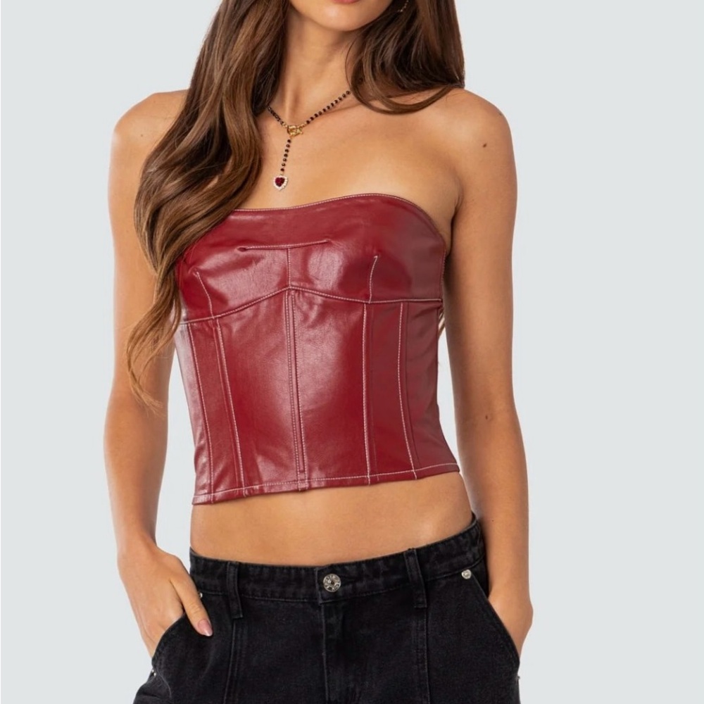 edikted moss faux leather lace up corset burgundy